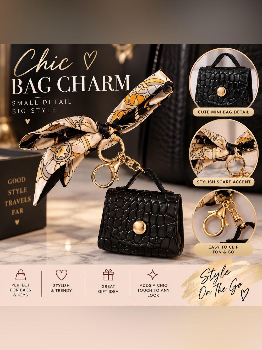 Black Croc-Embossed Mini Bag Charm with Gold Hardware and Beige Scarf